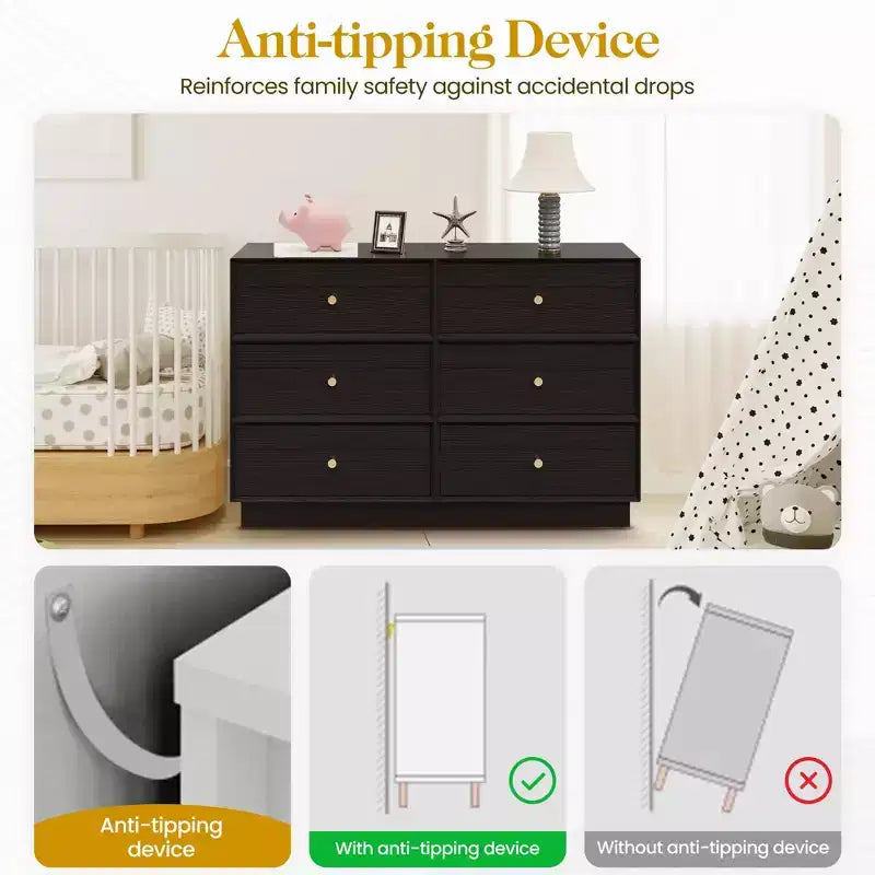 Comò a 6 cassetti, comò moderni con manopole in cristallo e striscia verniciata, per camera da letto, soggiorno, corridoio, armadio