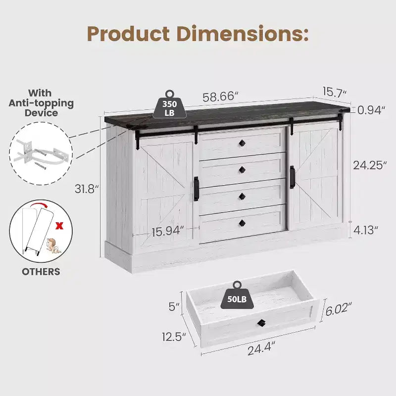 Cassettiera a 4 cassetti per fattoria, 59 cassettiere in legno con ante scorrevoli a fienile, Porta TV con cassetti e maniglie a barra, Comò per soggiorno, camera da letto