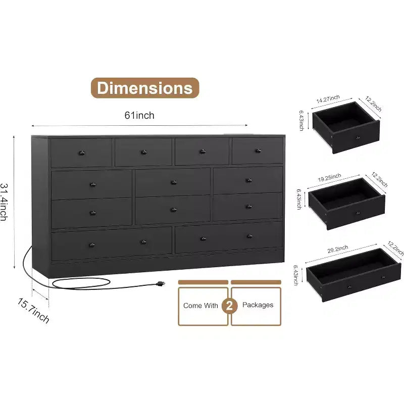 Cassettiera a 12 cassetti per camera da letto, cassettiera in legno da 61 pollici, cassettiere alte con binari in metallo scorrevoli, per soggiorno, corridoio