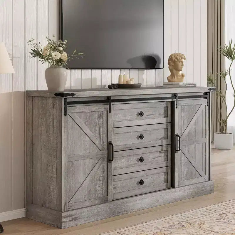 Cassettiera a 4 cassetti per camera da letto, cassettiere in legno stile rustico da 59 con ante scorrevoli a granaio e cassetti grandi