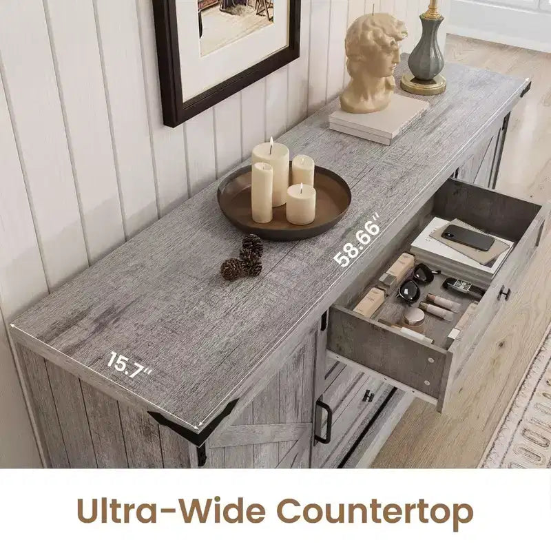 Cassettiera a 4 cassetti per camera da letto, cassettiere in legno stile rustico da 59 con ante scorrevoli a granaio e cassetti grandi