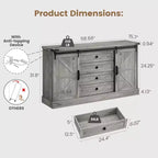 Cassettiera a 4 cassetti per camera da letto, cassettiere in legno stile rustico da 59 con ante scorrevoli a granaio e cassetti grandi