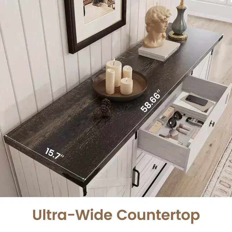 Cassettiera a 4 cassetti per camera da letto, cassettiere in legno stile rustico da 59 con ante scorrevoli a granaio e cassetti grandi