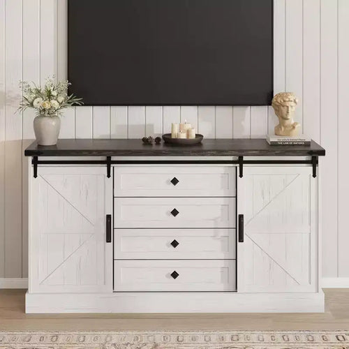 GustoWave 4 Drawer Dresser for Bedroom, 59 Farmhouse Wood Dressers with Sliding Barn Doors & Large Drawers