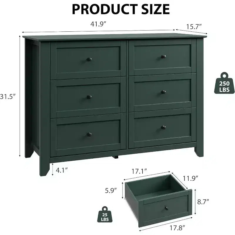 Cassettiera alta a 6 cassetti, organizer, comò con cassetti profondi, maniglie, stile moderno rustico per camera da letto, cabina armadio, soggiorno, colore verde