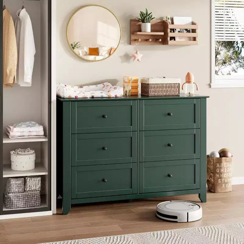Cassettiera alta a 6 cassetti, organizer, comò con cassetti profondi, maniglie, stile moderno rustico per camera da letto, cabina armadio, soggiorno, colore verde