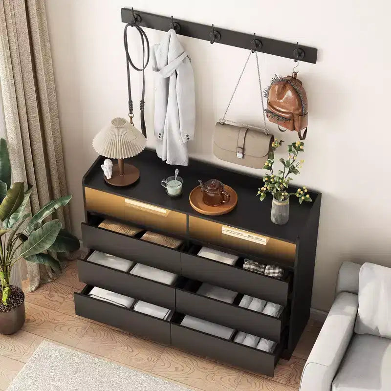 Comò moderno a 6 cassetti con comodino a LED, struttura robusta, mobile contenitore per soggiorno, corridoio, camera dei bambini