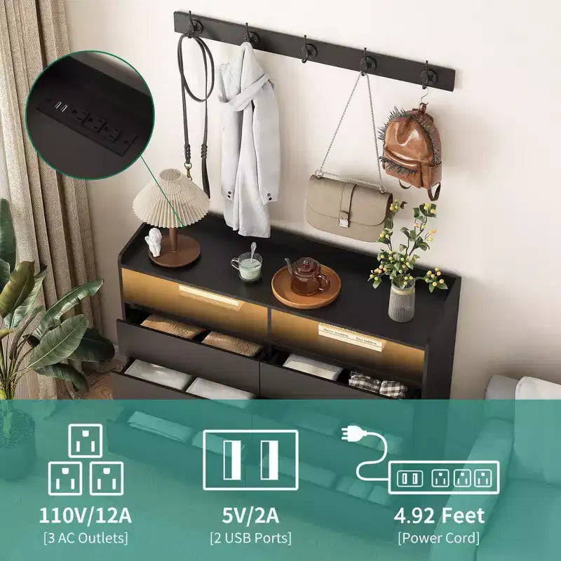 Comò moderno a 6 cassetti con comodino a LED, struttura robusta, mobile contenitore per soggiorno, corridoio, camera dei bambini