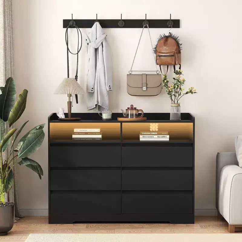 Comò moderno a 6 cassetti con comodino a LED, struttura robusta, mobile contenitore per soggiorno, corridoio, camera dei bambini
