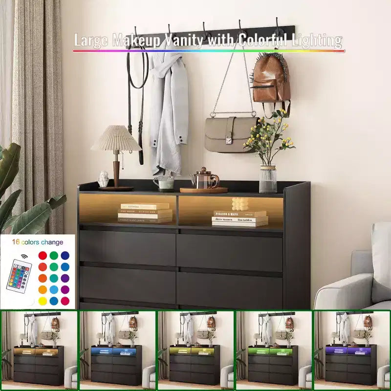 Comò moderno a 6 cassetti con comodino a LED, struttura robusta, mobile contenitore per soggiorno, corridoio, camera dei bambini