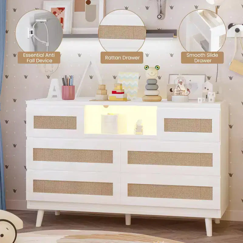 Cassettiera in Rattan con 6 Cassetti, Comò Resistente in Legno Naturale, Cassettiera a 6 Cassetti, Porta TV, Mobile Contenitore per Cameretta, Ingresso, Camera da Letto, Corridoio