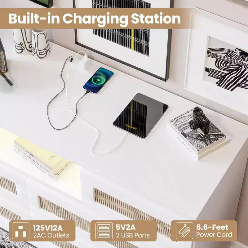 Cassettiera in Rattan con 6 Cassetti, Comò Resistente in Legno Naturale, Cassettiera a 6 Cassetti, Porta TV, Mobile Contenitore per Cameretta, Ingresso, Camera da Letto, Corridoio