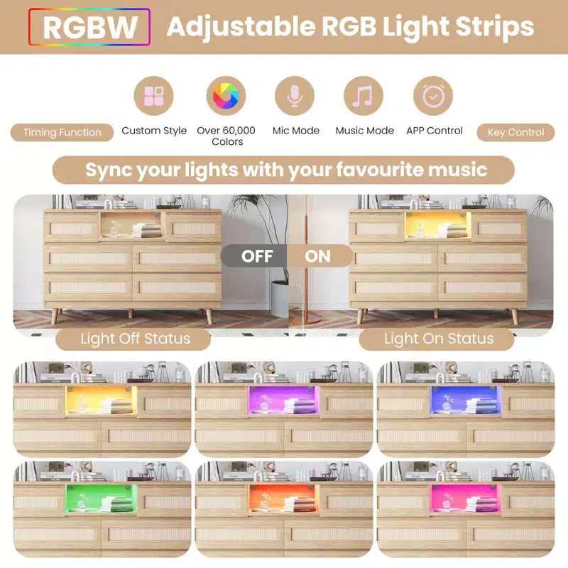Cassettiera in Rattan con 6 Cassetti, Comò Resistente in Legno Naturale, Cassettiera a 6 Cassetti, Porta TV, Mobile Contenitore per Cameretta, Ingresso, Camera da Letto, Corridoio