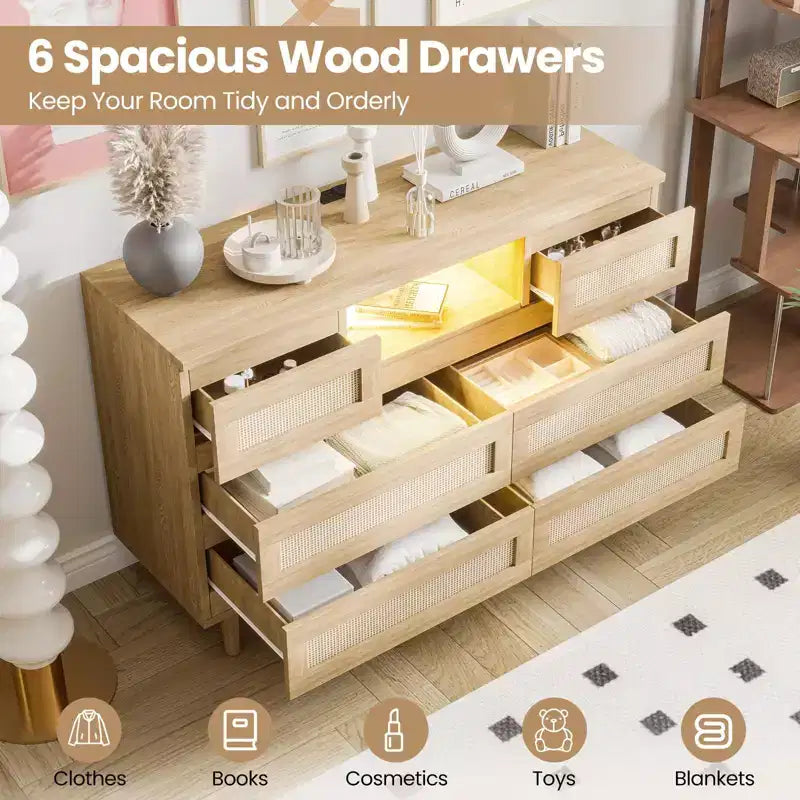 Cassettiera in Rattan con 6 Cassetti, Comò Resistente in Legno Naturale, Cassettiera a 6 Cassetti, Porta TV, Mobile Contenitore per Cameretta, Ingresso, Camera da Letto, Corridoio
