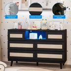 Cassettiera in Rattan con 6 Cassetti, Comò Resistente in Legno Naturale, Cassettiera a 6 Cassetti, Porta TV, Mobile Contenitore per Cameretta, Ingresso, Camera da Letto, Corridoio