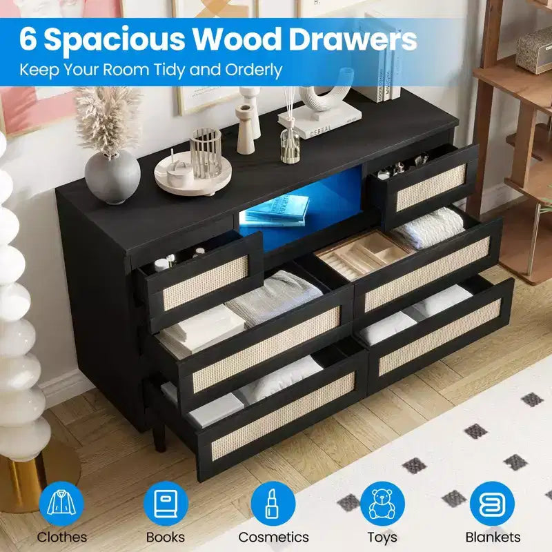 Cassettiera in Rattan con 6 Cassetti, Comò Resistente in Legno Naturale, Cassettiera a 6 Cassetti, Porta TV, Mobile Contenitore per Cameretta, Ingresso, Camera da Letto, Corridoio