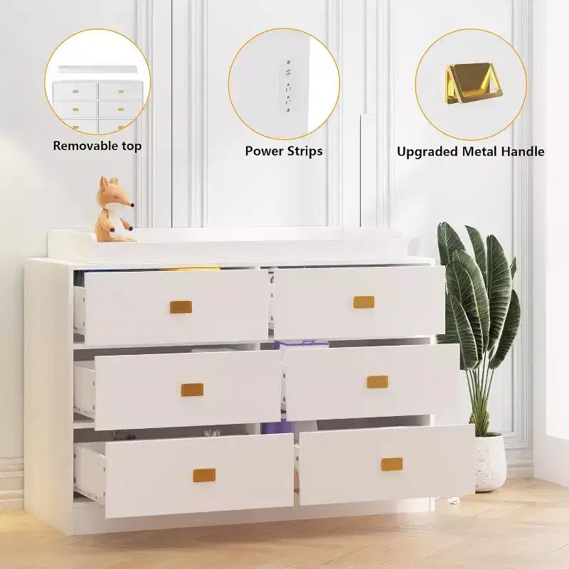 Cassettiera da camera con 6 cassetti, cassettiera fasciatoio, imbottitura morbida e piano rimovibile, cassettiere per neonati con piano fasciatoio per cameretta, bianco