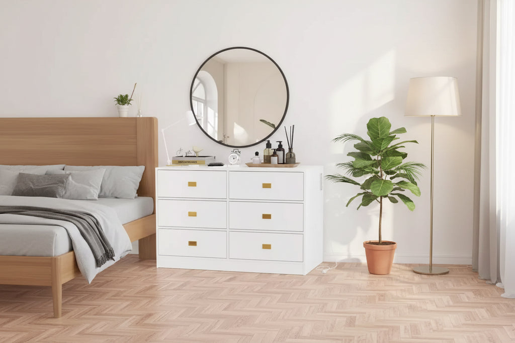 Cassettiera da camera con 6 cassetti, cassettiera fasciatoio, imbottitura morbida e piano rimovibile, cassettiere per neonati con piano fasciatoio per cameretta, bianco