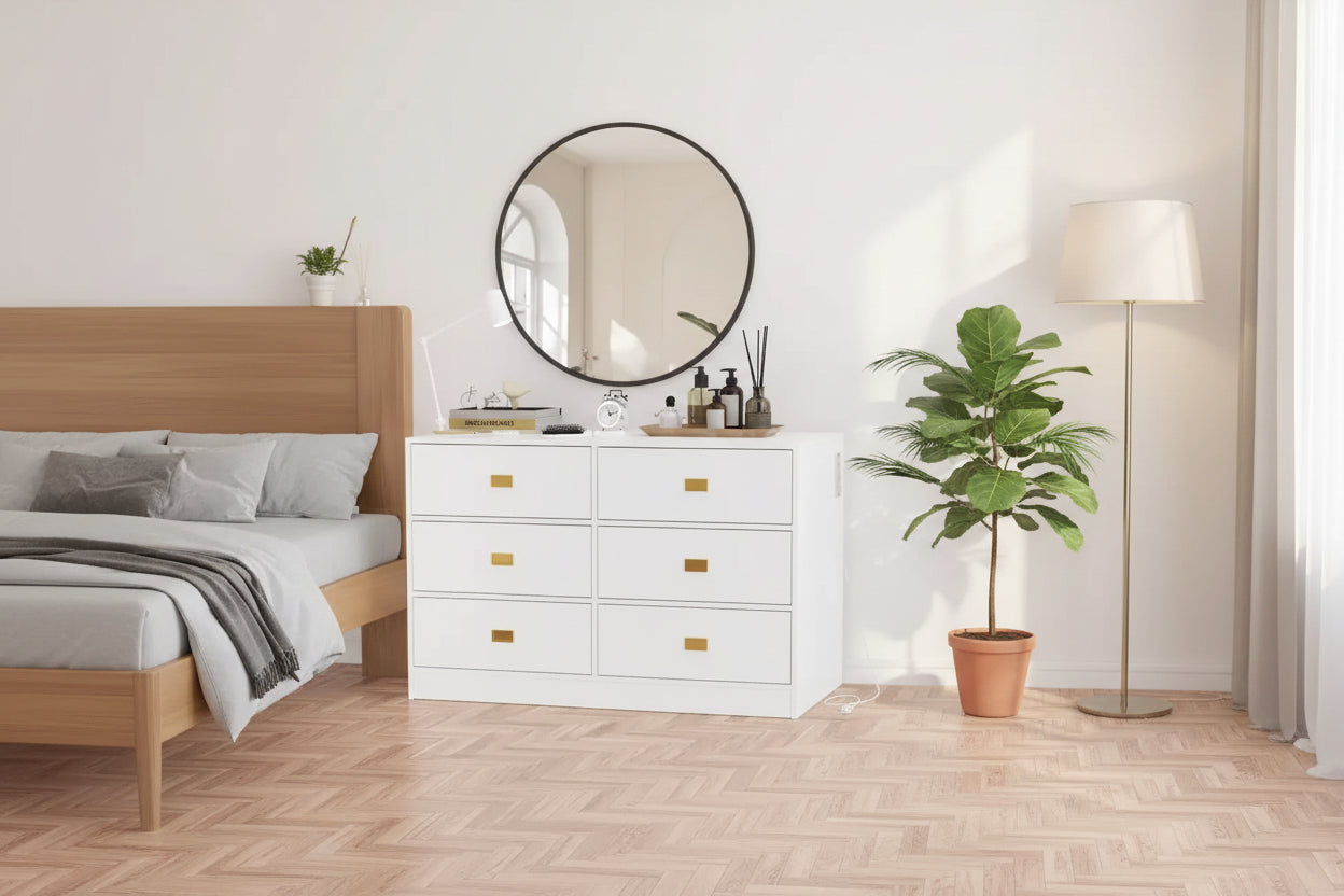Cassettiera da camera con 6 cassetti, cassettiera fasciatoio, imbottitura morbida e piano rimovibile, cassettiere per neonati con piano fasciatoio per cameretta, bianco