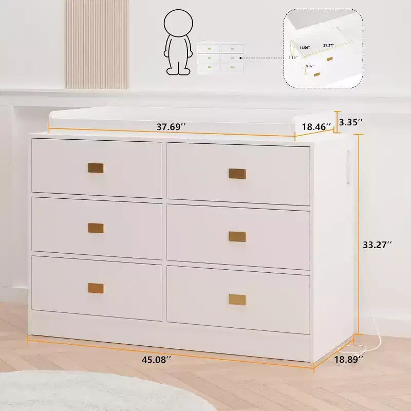 Cassettiera da camera con 6 cassetti, cassettiera fasciatoio, imbottitura morbida e piano rimovibile, cassettiere per neonati con piano fasciatoio per cameretta, bianco