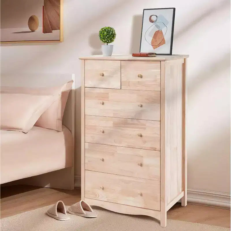 Cassettiera Alta con 6 Cassetti in Legno Naturale Massiccio Non Finito per Camera da Letto, Cassettiera Stile Fattoria Fai da Te in Legno di Gomma