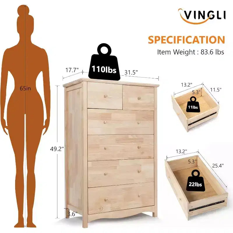 Cassettiera Alta con 6 Cassetti in Legno Naturale Massiccio Non Finito per Camera da Letto, Cassettiera Stile Fattoria Fai da Te in Legno di Gomma