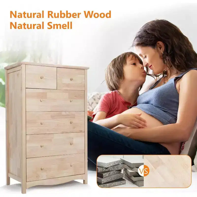 Cassettiera Alta con 6 Cassetti in Legno Naturale Massiccio Non Finito per Camera da Letto, Cassettiera Stile Fattoria Fai da Te in Legno di Gomma