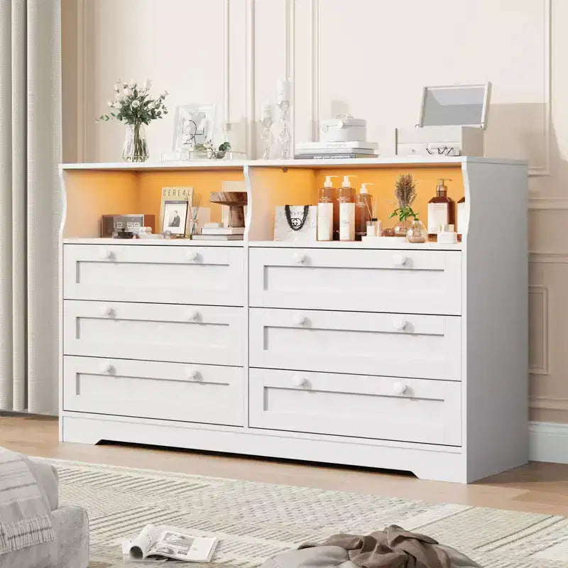 Comò in legno da 55 pollici a 6 cassetti per camera da letto con luce a LED e ampio spazio di archiviazione, ampio organizer per comò per armadio e soggiorno