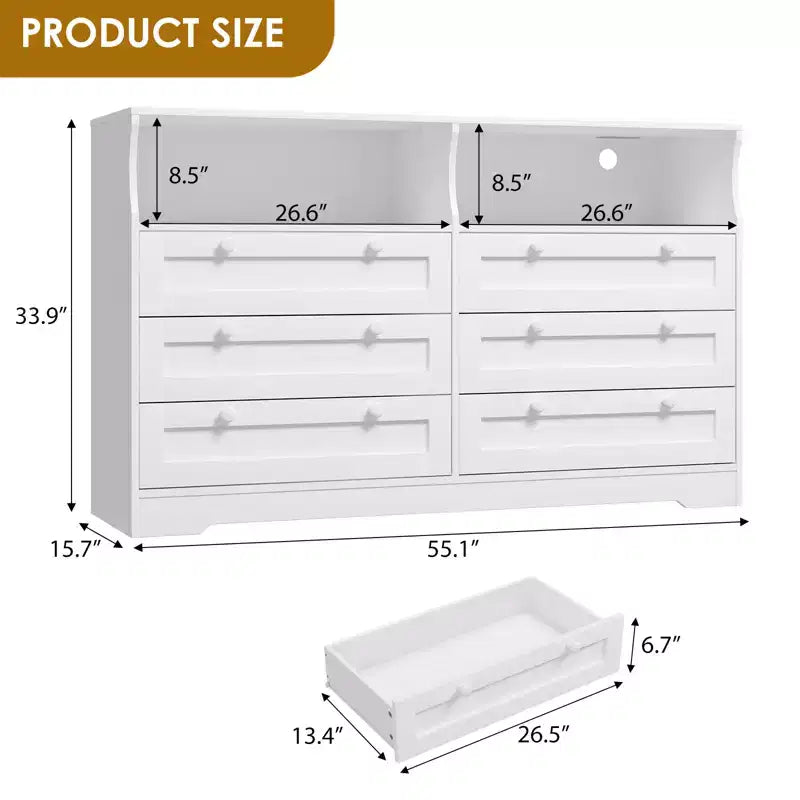 Comò in legno da 55 pollici a 6 cassetti per camera da letto con luce a LED e ampio spazio di archiviazione, ampio organizer per comò per armadio e soggiorno