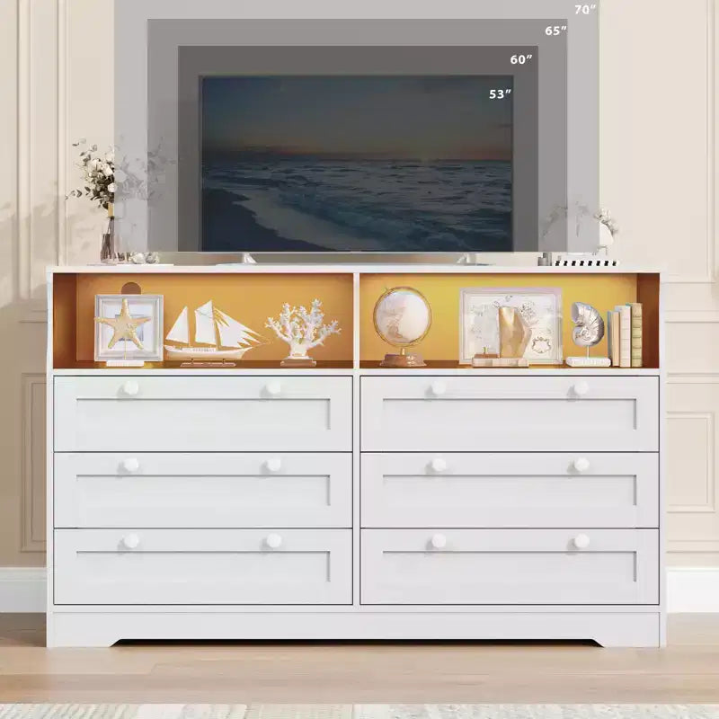Comò in legno da 55 pollici a 6 cassetti per camera da letto con luce a LED e ampio spazio di archiviazione, ampio organizer per comò per armadio e soggiorno