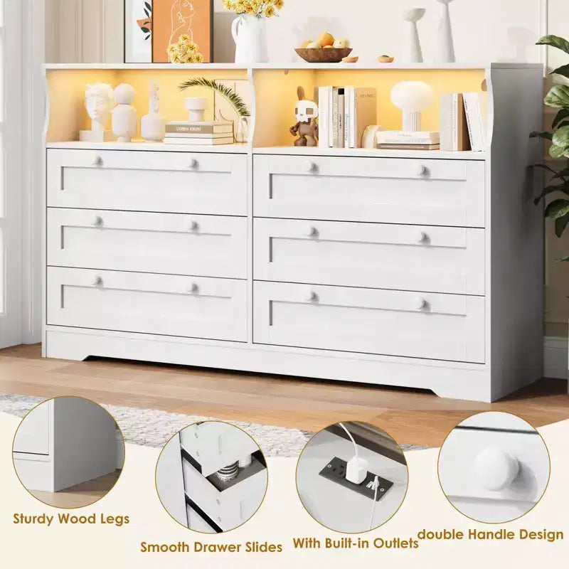 Comò in legno da 55 pollici a 6 cassetti per camera da letto con luce a LED e ampio spazio di archiviazione, ampio organizer per comò per armadio e soggiorno