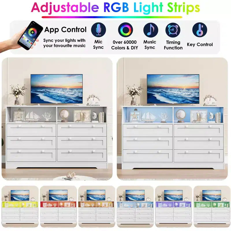Comò in legno da 55 pollici a 6 cassetti per camera da letto con luce a LED e ampio spazio di archiviazione, ampio organizer per comò per armadio e soggiorno