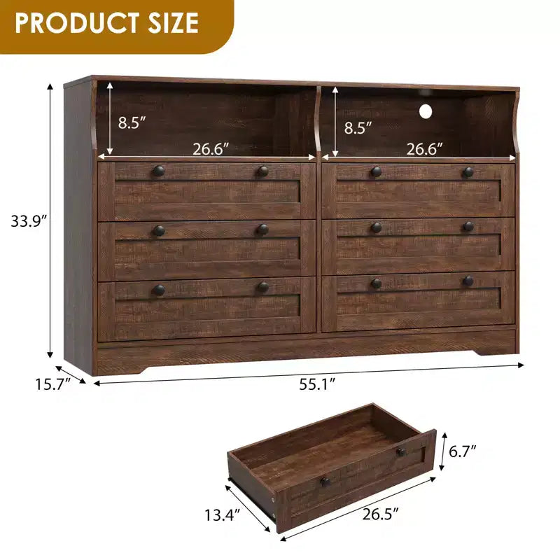 Comò in legno da 55 pollici a 6 cassetti per camera da letto con luce a LED e ampio spazio di archiviazione, ampio organizer per comò per armadio e soggiorno