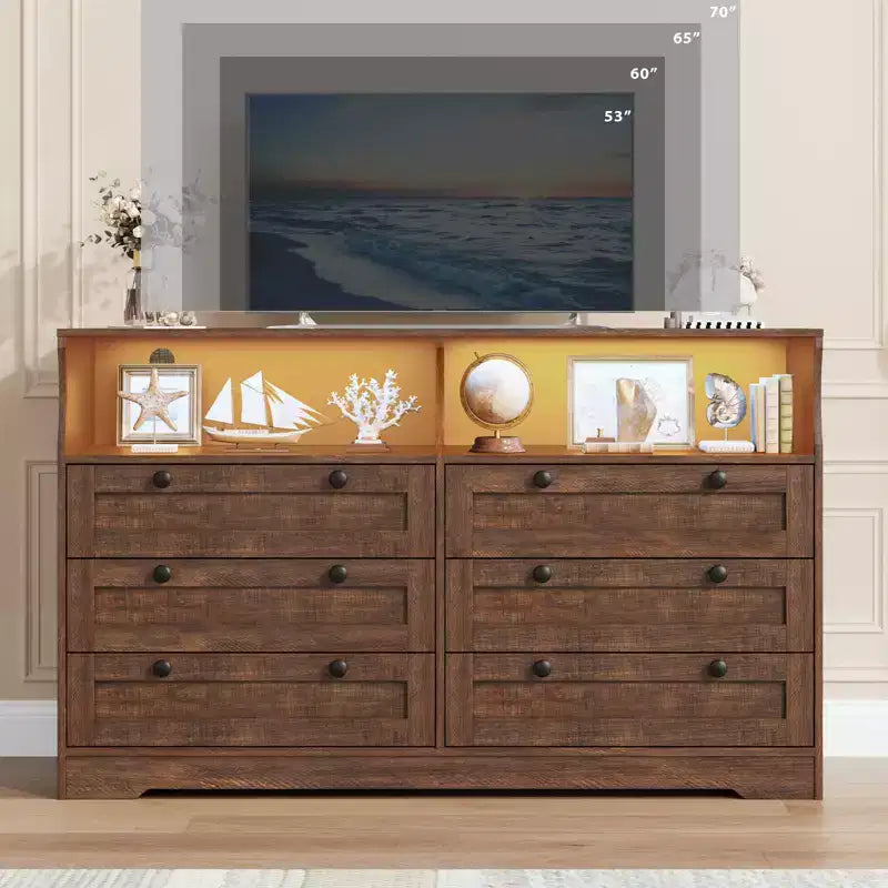 Comò in legno da 55 pollici a 6 cassetti per camera da letto con luce a LED e ampio spazio di archiviazione, ampio organizer per comò per armadio e soggiorno