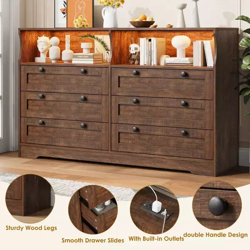 Comò in legno da 55 pollici a 6 cassetti per camera da letto con luce a LED e ampio spazio di archiviazione, ampio organizer per comò per armadio e soggiorno