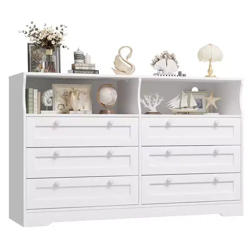 Comò in legno da 55 pollici a 6 cassetti per camera da letto con luce a LED e ampio spazio di archiviazione, ampio organizer per comò per armadio e soggiorno