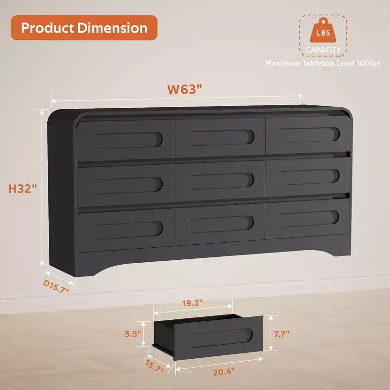 Comò a 9 cassetti per camera da letto, cassettiere moderne larghe 160 cm con guide preinstallate