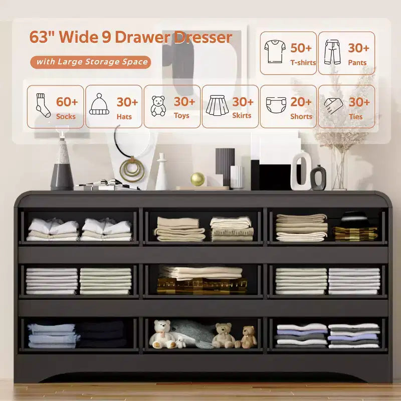 Comò a 9 cassetti per camera da letto, cassettiere moderne larghe 160 cm con guide preinstallate