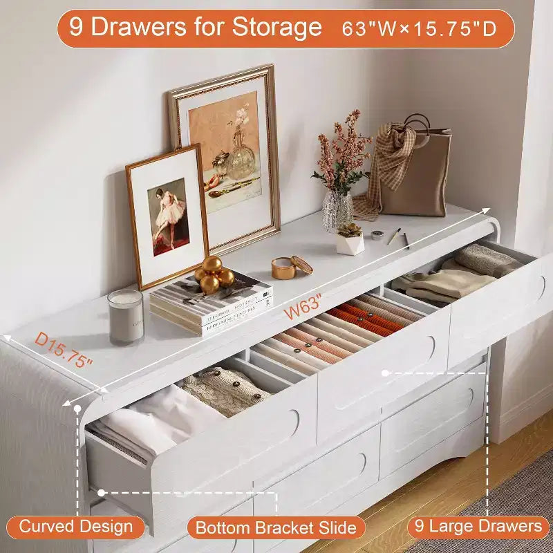 Comò a 9 cassetti per camera da letto, cassettiere moderne larghe 160 cm con guide preinstallate