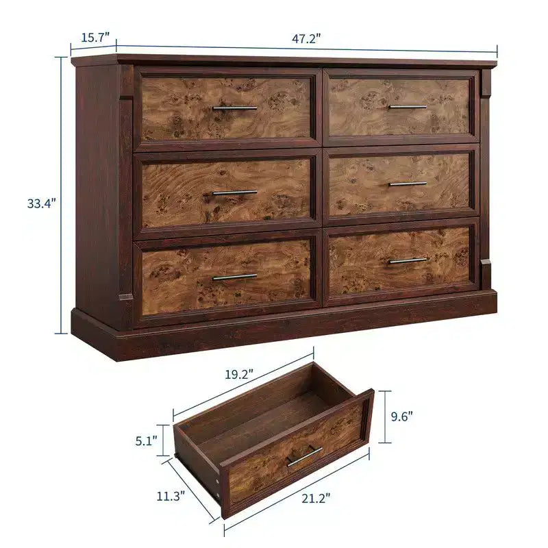 Cassettiera da Fattoria a 6 Cassetti, Comò Armadio Lungo in Legno da 47", Organizer, Cassettiera Rustica