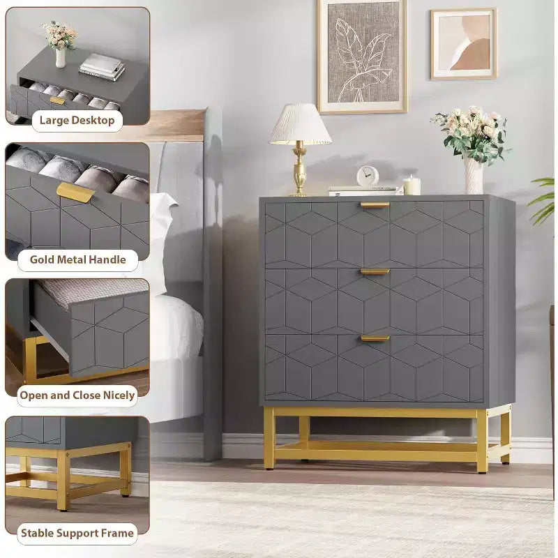 Cassettiera da camera da letto, cassettiera a 3 cassetti con gambe in metallo, cassettiera moderna con ampio spazio, cassettiera per camera da letto, soggiorno