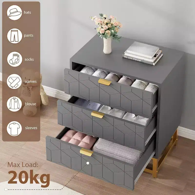 Cassettiera da camera da letto, cassettiera a 3 cassetti con gambe in metallo, cassettiera moderna con ampio spazio, cassettiera per camera da letto, soggiorno