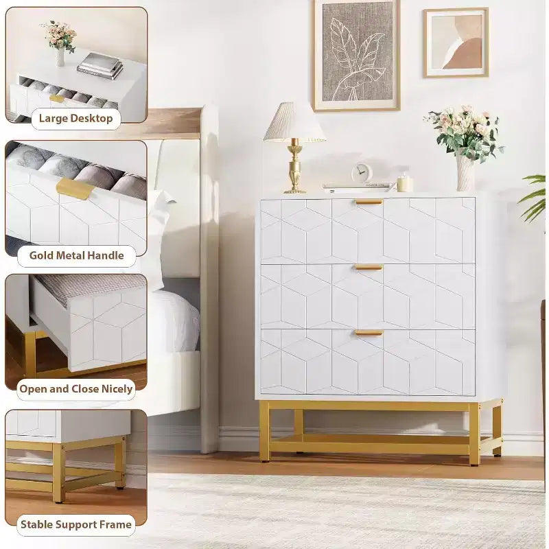 Cassettiera da camera da letto, cassettiera a 3 cassetti con gambe in metallo, cassettiera moderna con ampio spazio, cassettiera per camera da letto, soggiorno