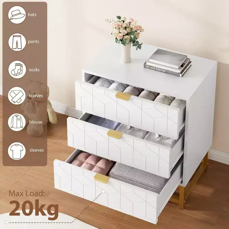 Cassettiera da camera da letto, cassettiera a 3 cassetti con gambe in metallo, cassettiera moderna con ampio spazio, cassettiera per camera da letto, soggiorno