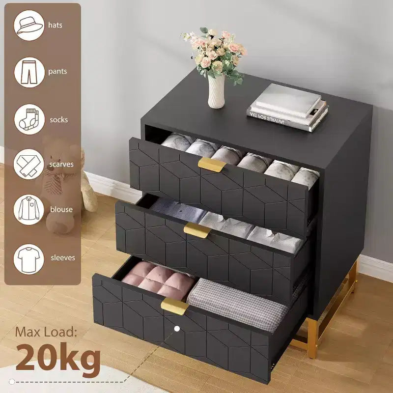 Cassettiera da camera da letto, cassettiera a 3 cassetti con gambe in metallo, cassettiera moderna con ampio spazio, cassettiera per camera da letto, soggiorno