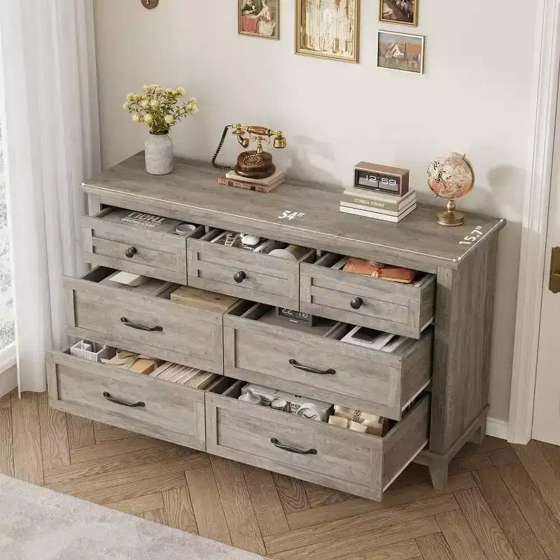 Cassettiera a 7 cassetti per camera da letto, comò rustico in legno con texture naturale, organizer per camera da letto e soggiorno