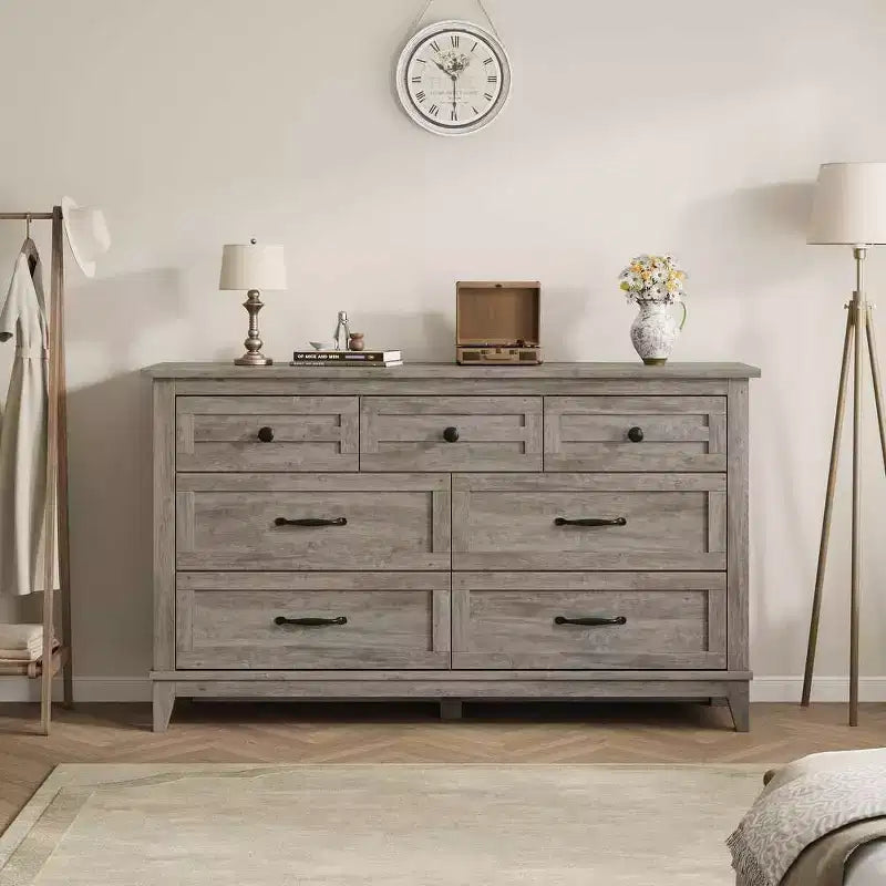 Cassettiera a 7 cassetti per camera da letto, comò rustico in legno con texture naturale, organizer per camera da letto e soggiorno