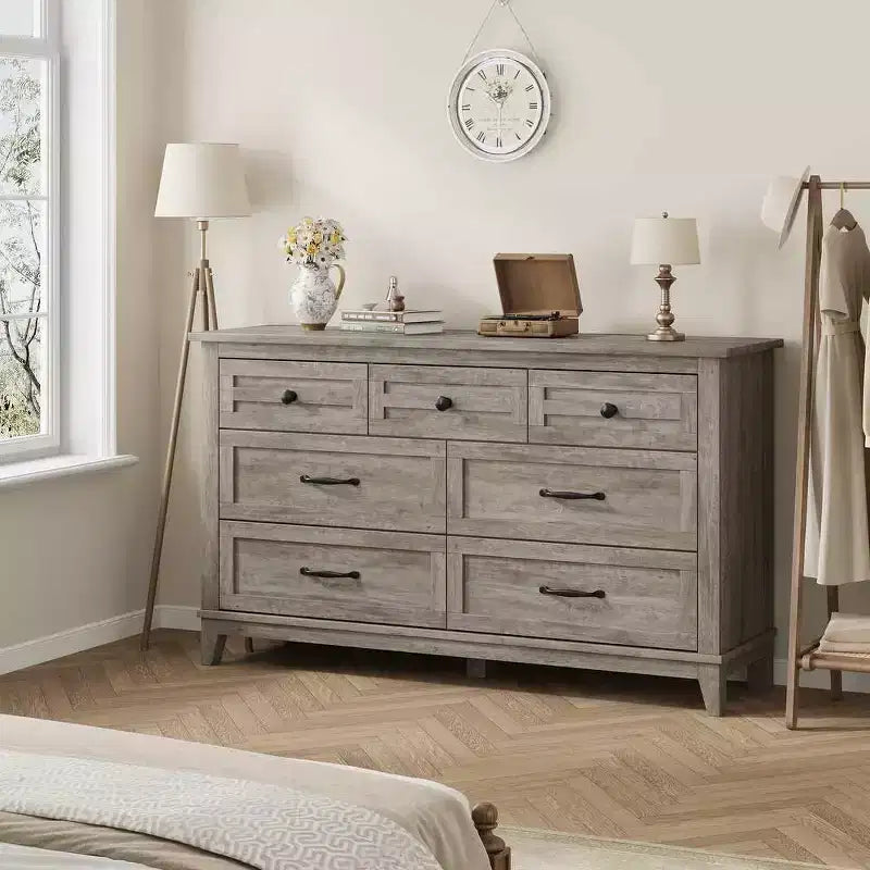 Cassettiera a 7 cassetti per camera da letto, comò rustico in legno con texture naturale, organizer per camera da letto e soggiorno