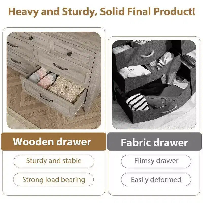 Cassettiera a 7 cassetti per camera da letto, comò rustico in legno con texture naturale, organizer per camera da letto e soggiorno