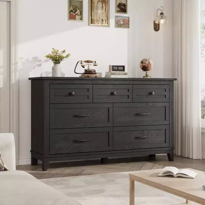 Cassettiera a 7 cassetti per camera da letto, comò rustico in legno con texture naturale, organizer per camera da letto e soggiorno